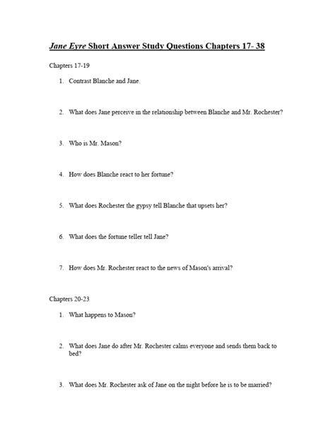 Jane Eyre Short Answer Questions Doc