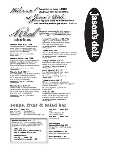 Jason's Deli Printable Menu