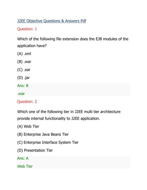 Java J2ee Objective Type Questions Answers Epub