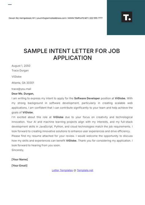 Job Application Letter Of Intent Template