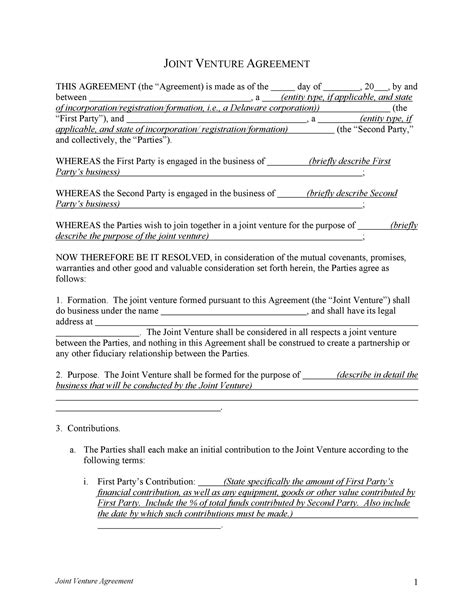 Joint Venture Agreement Contract Template