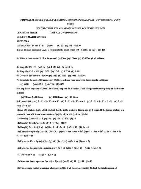 Jss 3 Exam Answer Maths Doc