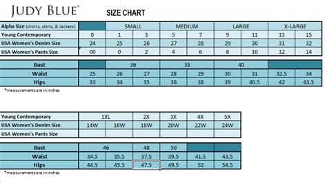 Judy Blue Xl Size Chart