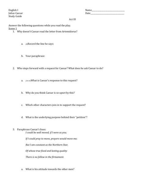 Julius Caesar Study Guide Answers Act 3 Reader