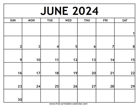 June 2024 Calendar Printable Word