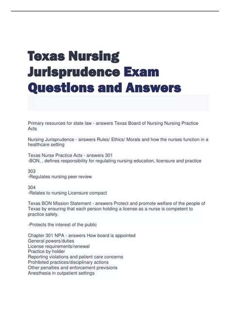 Jurisprudence Exam Questions And Answers Texas Nursing Doc