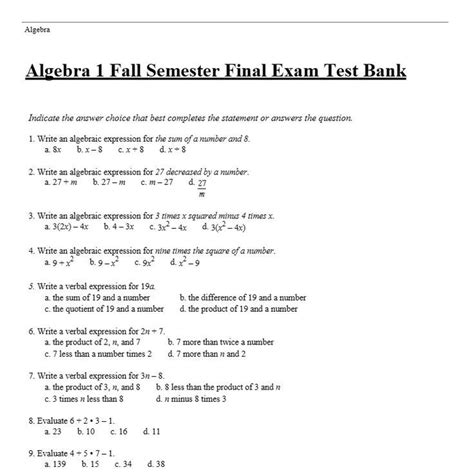 K12 Algebra 1 Semester Exam Answers Reader