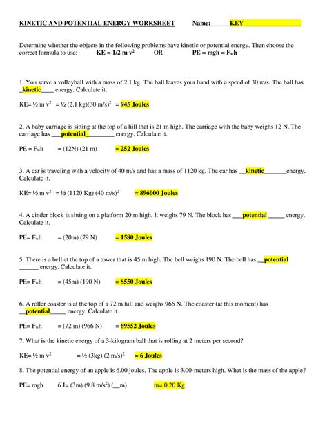 KINETIC AND POTENTIAL ENERGY WORKSHEET ANSWER KEY Ebook Doc