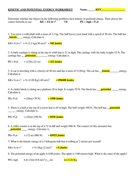 KINETIC AND POTENTIAL ENERGY WORKSHEET ANSWER KEY Ebook Doc