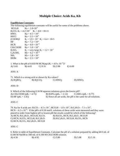 Ka And Kb Calculations Answers Doc