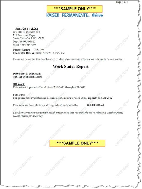 Kaiser Permanente Dr Note Template