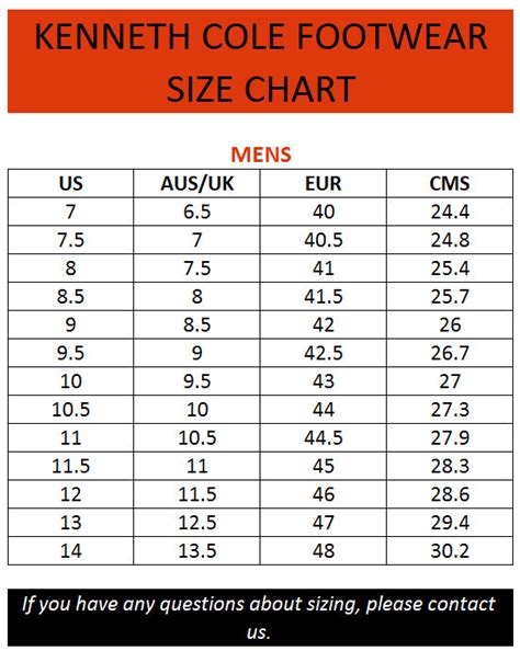 Kenneth Cole Shoe Size Chart