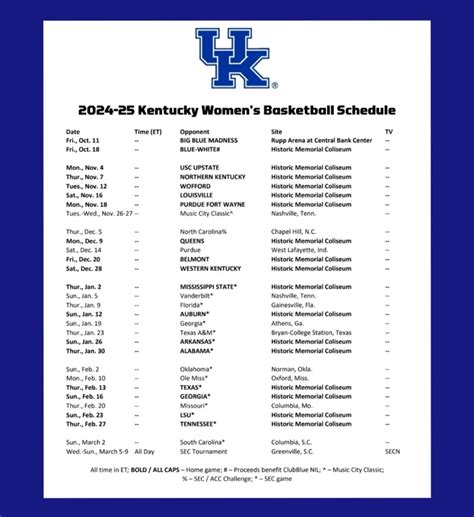 Kentucky Womens Basketball Schedule Printable