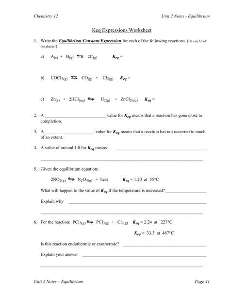 Keq Worksheet With Answers Reader