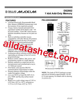 Key Features of the DS2502R+T&R