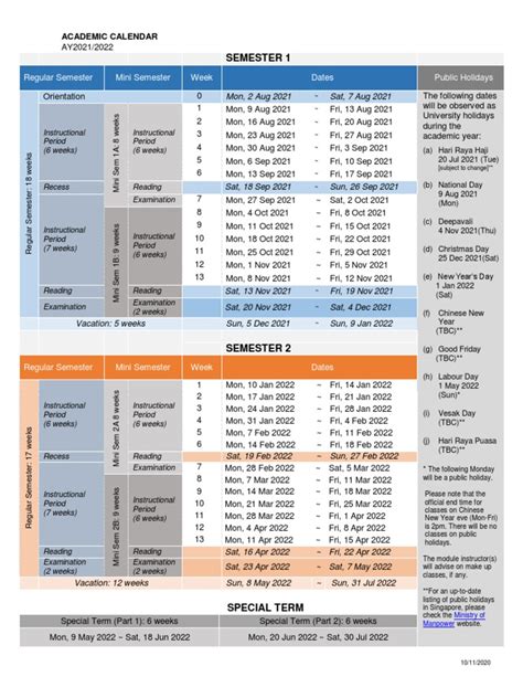 Key Features of the NUS Academic Calendar