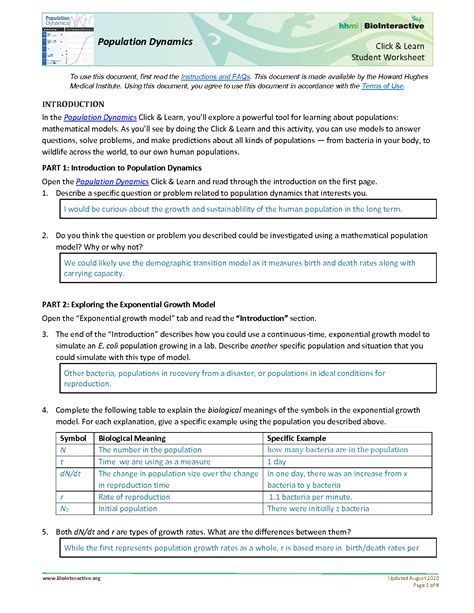 Key Question Answers For Population Dynamics Reader