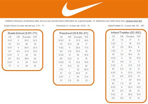 Kids Nike Size Chart