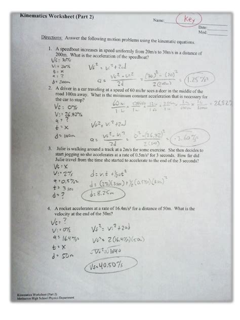 Kinematics Workseet 2 Answer Key PDF