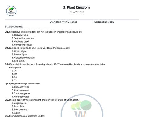 Kingdom Plantae Webquest Answer Sheet Doc