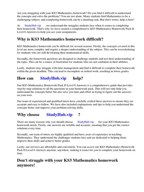 Ks3 Mathematics Homework Pack Answers Wembley High Doc