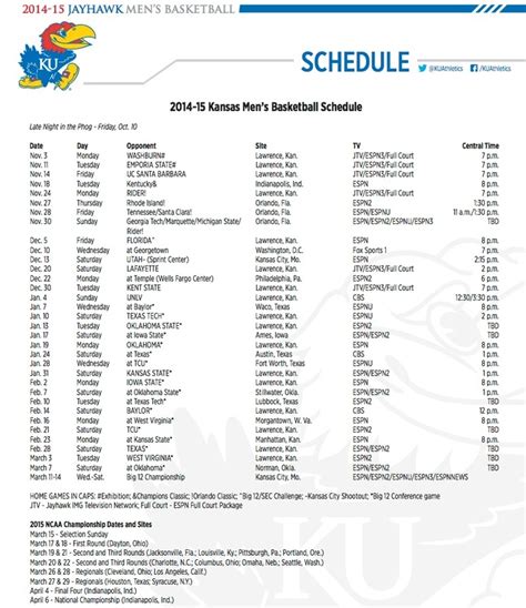 Ku Basketball Printable Schedule