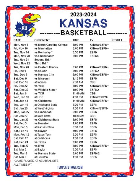 Ku Men's Basketball Printable Schedule