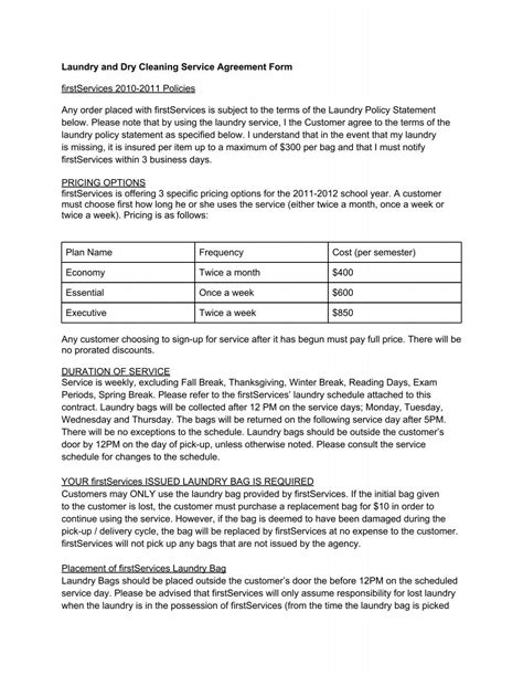 LAUNDRY AND DRY CLEANING SERVICE AGREEMENT FORM Ebook PDF