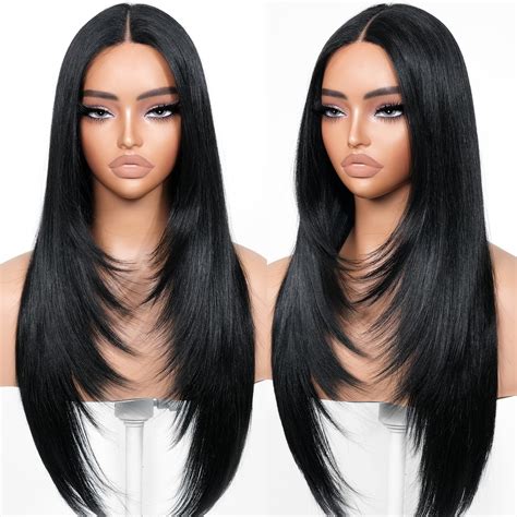 Lace Wig Straight Synthetic Lace Front Layered Arched Bangs Wigs