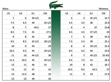 Lacoste Footwear Size Chart