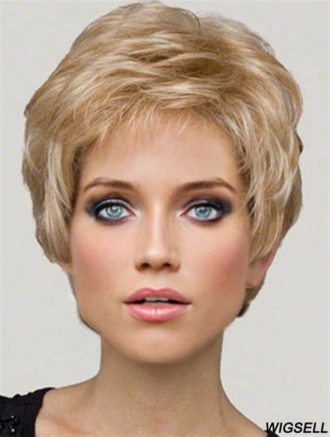 Ladies Blonde Wigs Straight Lace Front Cropped Synthetic Boycuts Short Sides Bangs Wigs