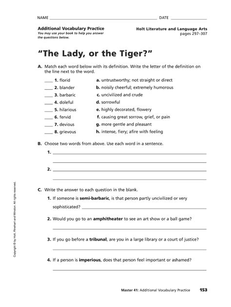 Lady Or The Tiger Answer Key PDF