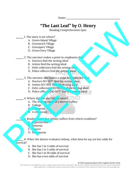 Last Leaf O Henry Questions Answers Epub