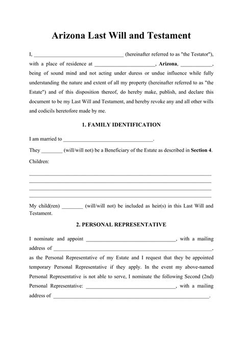 Last Will And Testament Arizona Template
