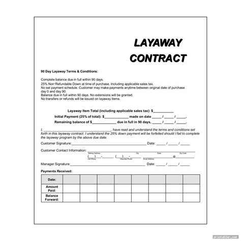 Layaway Contract Template