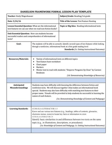 Lesson Plan Template Using Charlotte Danielson Ebook Doc