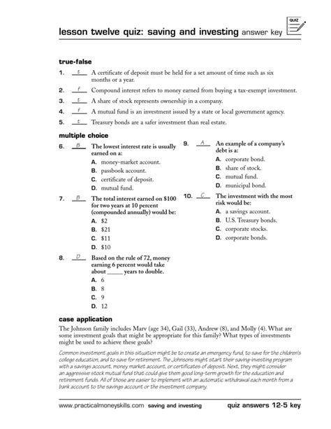 Lesson Twelve Quiz Saving And Investing Answer Key Reader