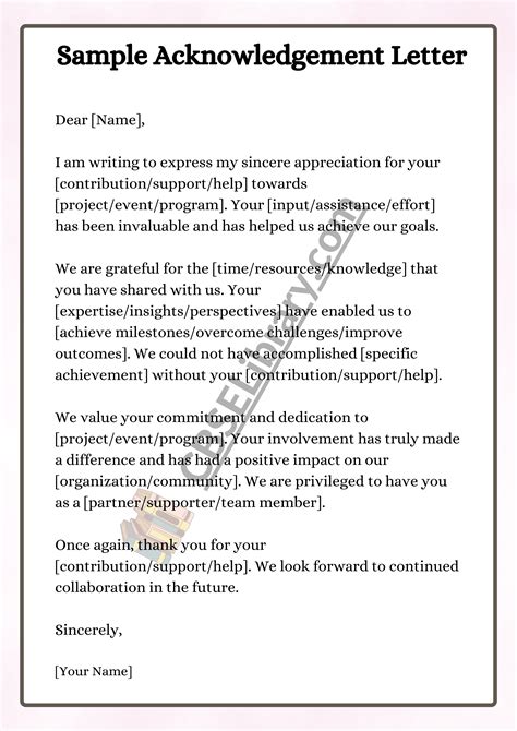 Letter Of Acknowledgement Template
