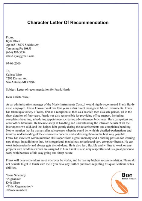 Letter Of Character Reference Template