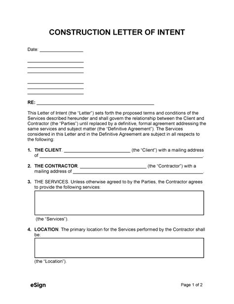 Letter Of Intent Construction Template