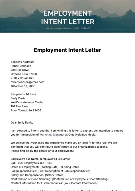 Letter Of Intent For Employment Template