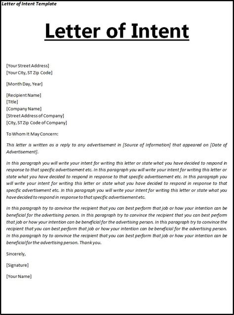 Letter Of Intent Template Free