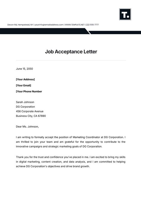 Letter Of Job Acceptance Template