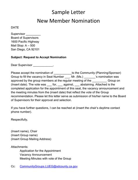 Letter Of Nomination Template