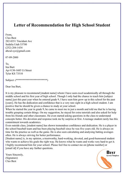 Letter Of Recommendation For Student Template