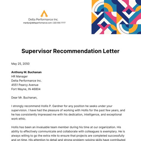 Letter Of Recommendation From Supervisor Template