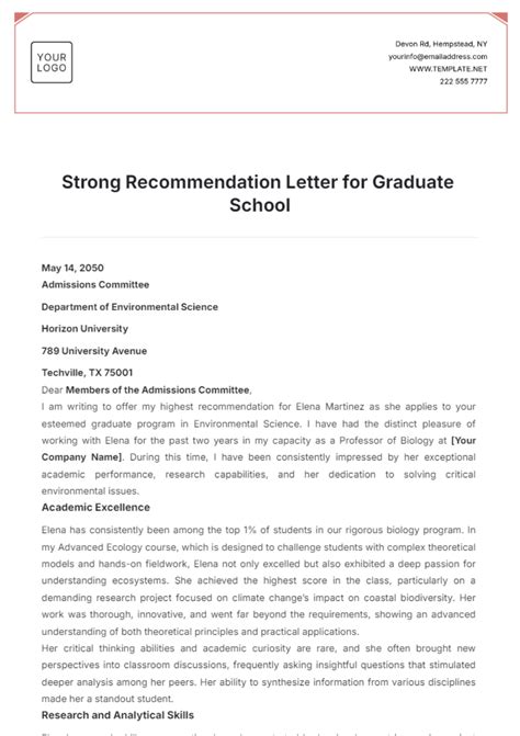 Letter Of Recommendation Graduate School Template