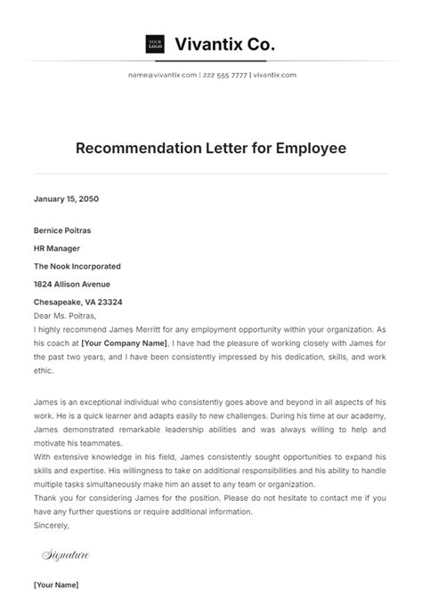 Letter Of Recommendation Template For Employee