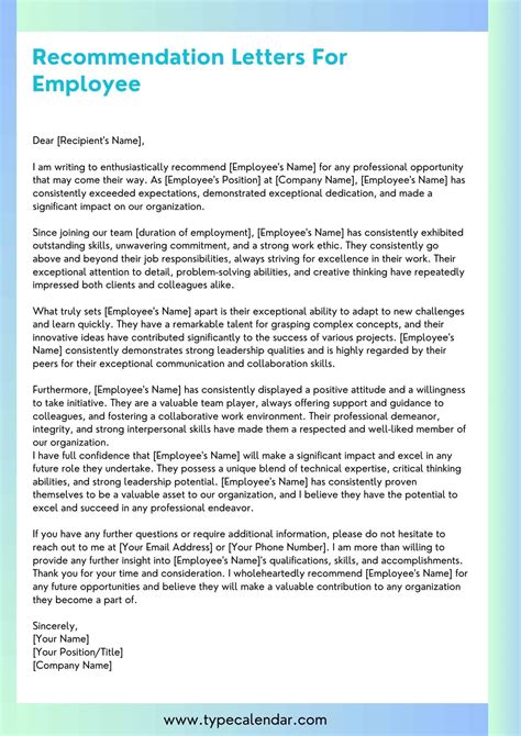 Letter Of Recommendation Template For Work