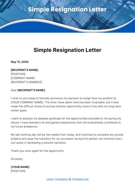 Letter Of Resignation Free Template
